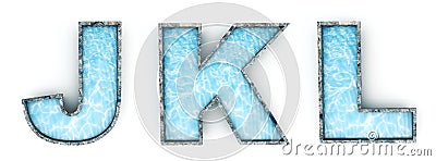 Water letters J, K, L. Typeface 3d render. Alphabet pool. Path save. Stock Photo