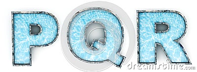 Water letters P, Q, R. Typeface 3d render. Alphabet pool. Path save. Stock Photo