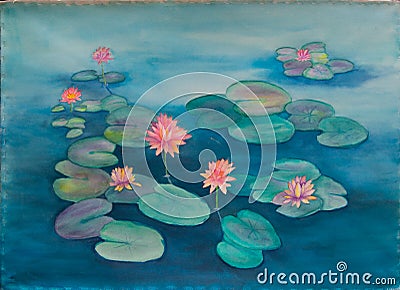 Waterlily and Lily Pads in a Pond - Original Watercolor Painting Stock Photo