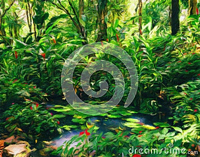 Water lillies in tropical Brazilian rain forest - Monet style digital manipulation Stock Photo