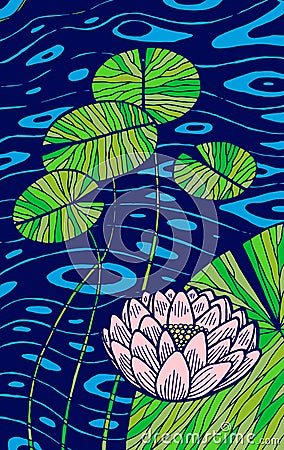 Water lily - floral illustration. colorful lotus plant drawing. Graphic psychedelic multicolored line art. Vector artwork Vector Illustration