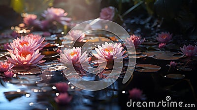 lotus flowers on water lily on lake ,water reflection , trees in forest ,wild lotus on sunset sky on sea Stock Photo