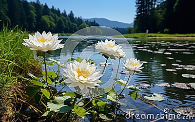 water lily on lake ,water reflection , trees in forest ,wild lotus on sunset sky on sea Stock Photo