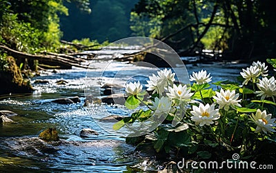 water lily on lake ,water reflection , trees in forest ,wild lotus on sunset sky on sea Stock Photo