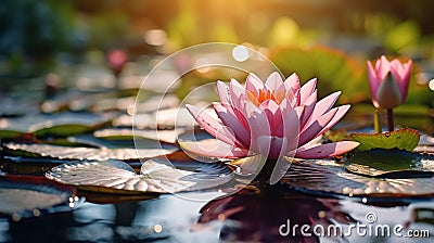 water lily on lake ,water reflection , trees in forest ,wild lotus on sunset sky on sea Stock Photo