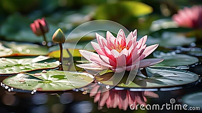 water lily on lake ,water reflection , trees in forest ,wild lotus on sunset sky on sea Stock Photo