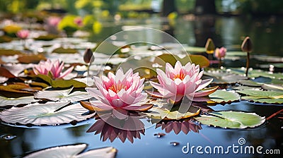 water lily on lake ,water reflection , trees in forest ,wild lotus on sunset sky on sea Stock Photo