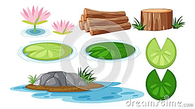 Water Lily Pads and Nature Elements Collection Vector Illustration