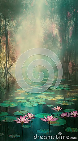Water Lily Pond, Lake Flowers, Waterlily Vertical Painting, Water Lilies Stock Photo