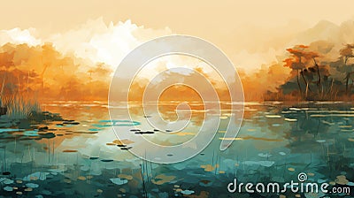 Water Lily Sunset Painting: A Stunning Iphone Wallpaper Cartoon Illustration