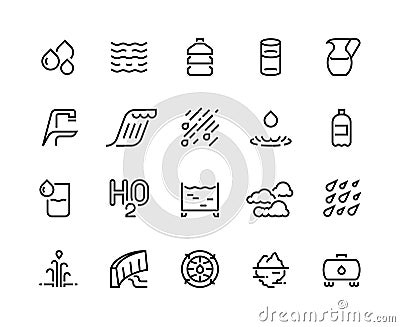 Water line icons. Bottle and glass of liquid, rain drops clouds and shower, water sources such as iceberg geyser, water Vector Illustration