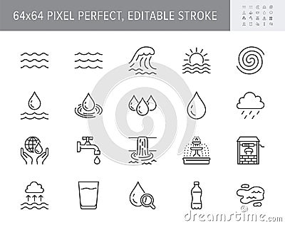Water line icons. Vector illustration include icon outline plastic bottle, sea waves, water well, typhoon, tsunami Vector Illustration