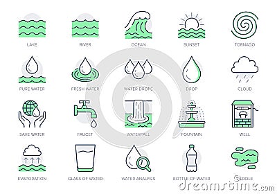 Water line icons. Vector illustration include icon outline plastic bottle, sea waves, water well, typhoon, tsunami Vector Illustration