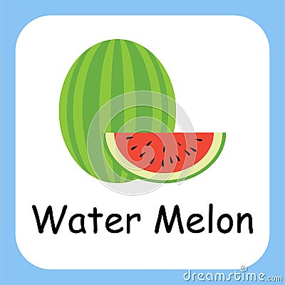 Water Melon Fruit with text. Illustration for Kids. Flat design vector illustration. Cartoon Illustration