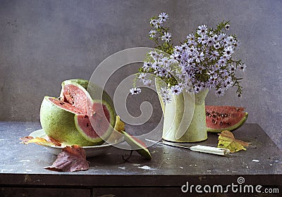 Water-melon and butter-weed Stock Photo