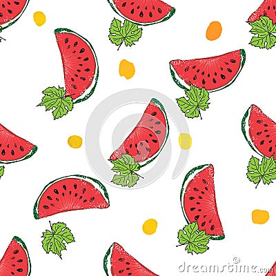 Water Melon Hand drawn Seamless Pattern Vector Illustration. Vector Illustration