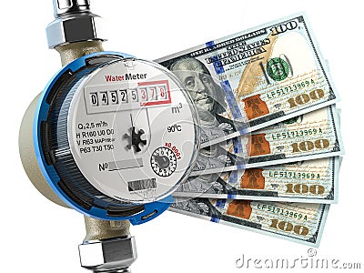 Water meter with dollar money. Water consumption, cost of utilities and saving concept Cartoon Illustration