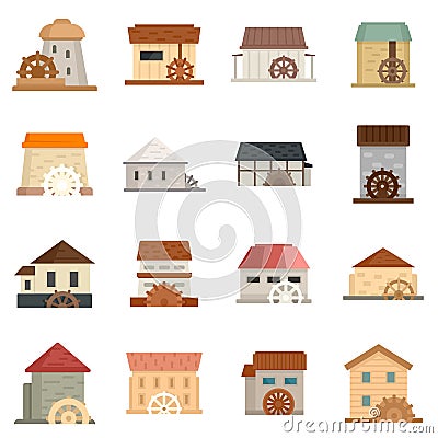 Water mill icons set flat vector isolated Vector Illustration