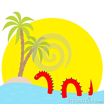 Water monster thorns, eye, tail Swimming floating Sea ocean sunset palm island. Snake shape. Loch Ness Nessy fictional creature. C Vector Illustration