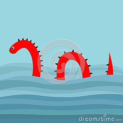 Water monster with thorns, eye, tail Swimming floating Sea ocean wave. Snake shape. Loch Ness Nessy fictional creature. Funny Cute Vector Illustration