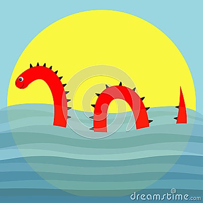 Water monster with thorns, eye, tail Swimming floating Sea ocean wave sunset. Loch Ness Nessy fictional creature. Snake shape. Cut Vector Illustration