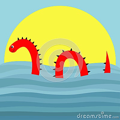 Water monster with thorns, eye, tail Swimming floating Sea ocean wave sunset. Snake shape. Loch Ness Nessy fictional creature. Cut Vector Illustration