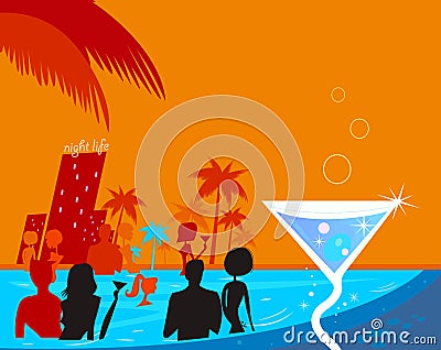 Water night party: People in pool & fresh Martini Vector Illustration