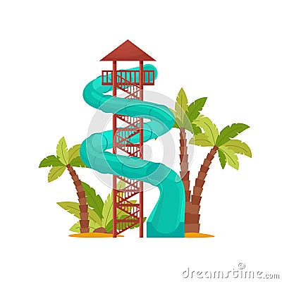 Water park with colored waterslide, blue tube for kids activity. Summer attraction in an aquapark for relaxation and fun Vector Illustration