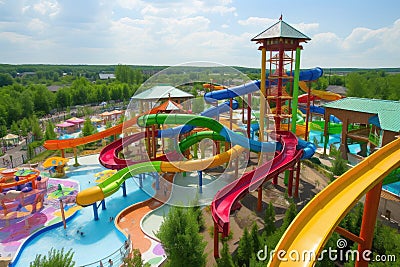 water park with colorful slides and pools, surrounded by greenery Stock Photo