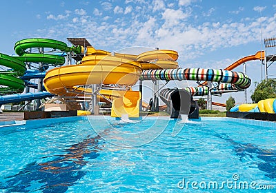 Water park with colorful slides and pools Editorial Stock Photo