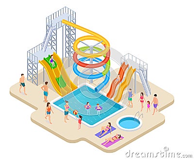 Water park isometric. Aquapark kids slide waterslide aqua recreation summer activities swimming pool leisure game Vector Illustration