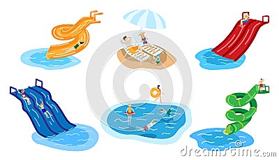 Water park with people in aqua summer hand drawn character vector illustration isolated on white. Vector Illustration