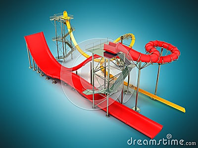 Water park rides red yellow 3d rendering on blue background Stock Photo