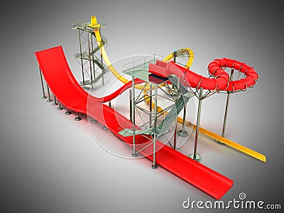 Water park rides red yellow 3d rendering on gray background Stock Photo