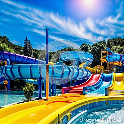 Water park with slides and pools. Generative AI Stock Photo