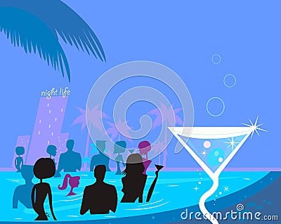 Water party night: People in pool & fresh Martini Cartoon Illustration