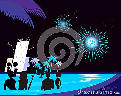 Water party night: People silhouette in pool Vector Illustration