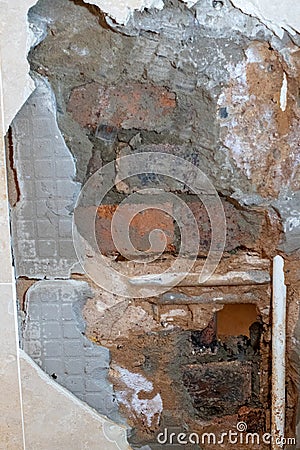 Water pipe burst damage in a bathroom Stock Photo