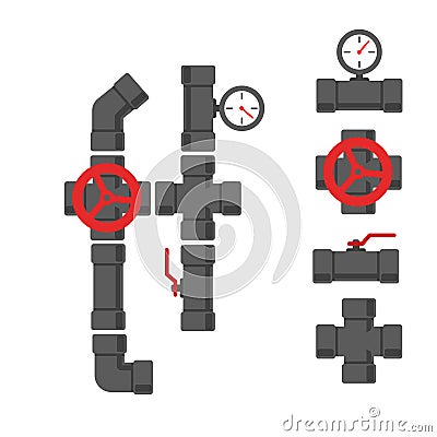 Water pipe plumbing parts with valve. Vector Illustration