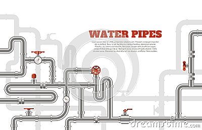 Water pipes background. Metal pipelines construction banner, industrial tube pipes template, steel pipes engineering Vector Illustration