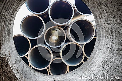 Water pipes for drinking water supply at a construction site. Underground pipeline works. Modern water supply systems for a Stock Photo