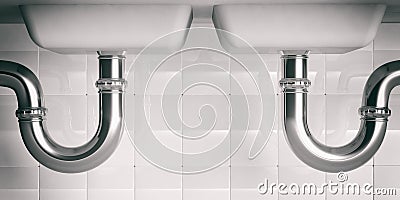 Water pipes under double sink. 3d illustartion Stock Photo