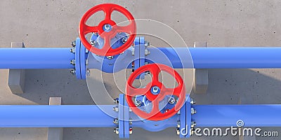 Industrial water pipes blue color and valves on concrete wall background. 3d illustration Cartoon Illustration