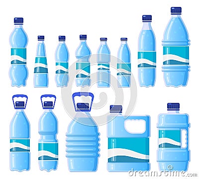Water plastic bottle. Beverage plastic, glass packaging, bottled water, cold water storage. Drink bottles isolated Vector Illustration