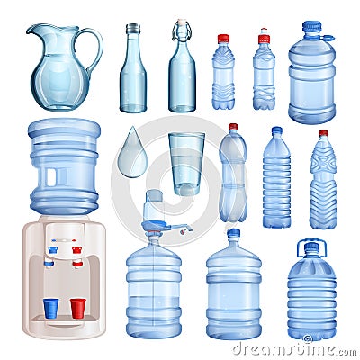 Water in plastic and glass bottles. Vector isolated objects set. Pure mineral water illustration Vector Illustration