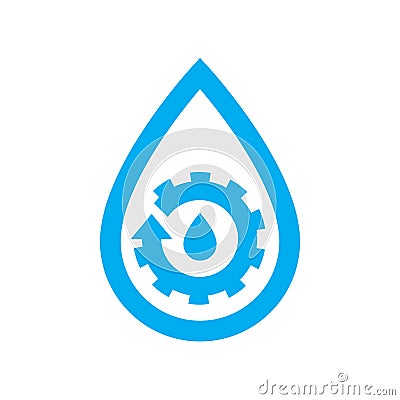 Water plumbing maintenance icon. Blue gear cog in water drop symbol Vector Illustration