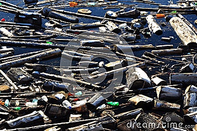 Water pollution in a lake with garbage Stock Photo