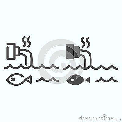 Water Pollution line and solid icon. Contaminated dirty sea water and pipe illustration isolated on white. Contamination Vector Illustration