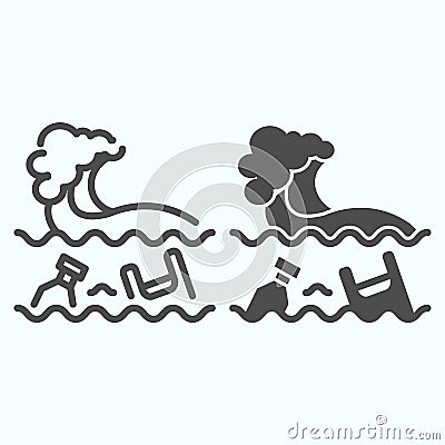 Water Pollution line and solid icon. Plastic in sea with wave illustration isolated on white. Dirty ocean waste garbage Vector Illustration