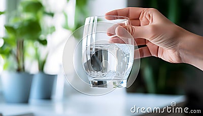 water is pouring from a tap into a glass, woman's hand is holdin Stock Photo